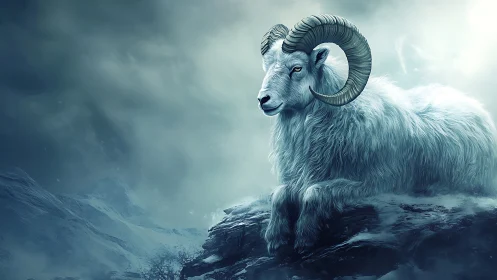 White mountain ram rests above a brooding winter storm