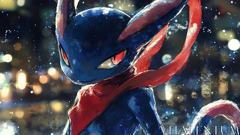 Midnight scarfed creature stalking through neon snowfall.