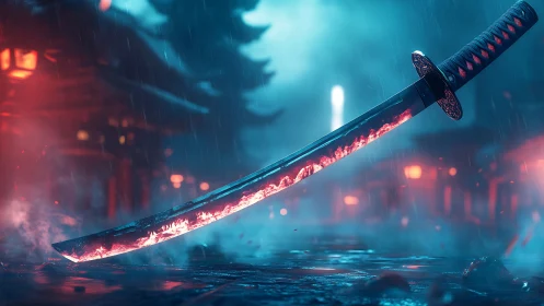 Flaming katana hovers in neon rain over misty street.