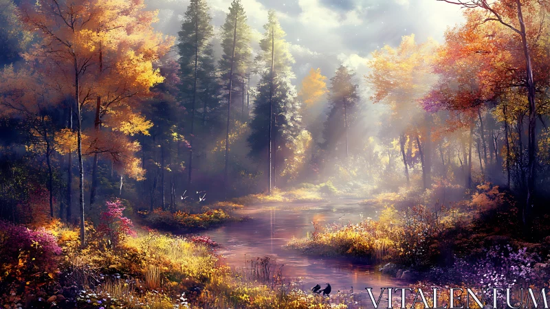 Autumn Forest River Clearing with Golden Light