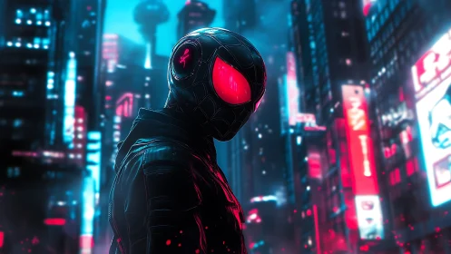 Masked cyber hero in neon city nightscape portrait.