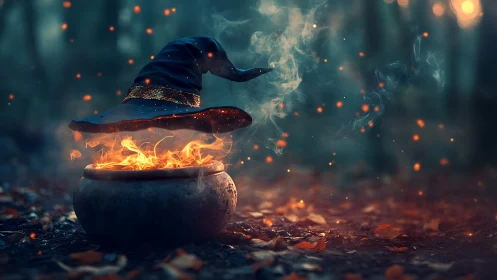 Witch hat hovers over flaming cauldron in misty forest scene