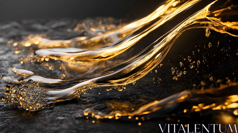 Golden Liquid Flowing on Dark Stone Surface, Hyper-Realistic Art.
