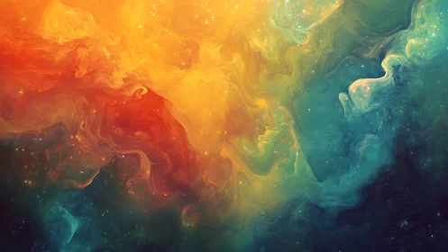 Nebula-like cosmic clouds swirl in vibrant fiery and teal hues