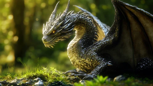 Bioluminescent silver dragon resting in sunlit forest clearing