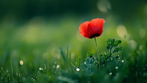 Red poppy flower stands in shallow-focus green grass field