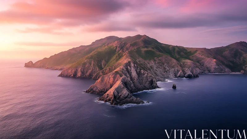 Mountainous Island Emerges from Twilight's Golden Embrace