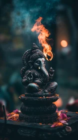 Flame crowned Ganesha listens quietly to curling incense