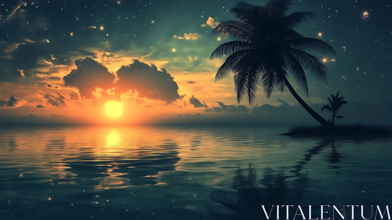 Digital painting seascape with silhouetted palm island at dusk.