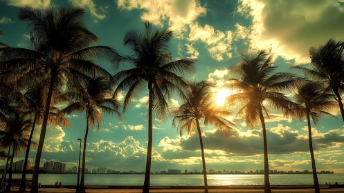 Palm-lined waterfront at sunset with distant city skyline.