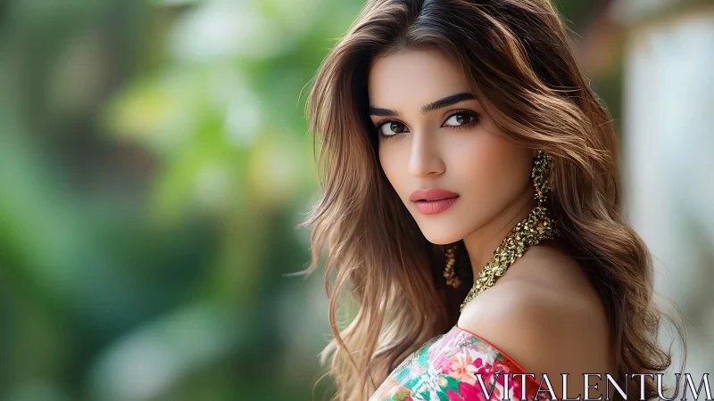 Portrait of elegant woman in floral dress with soft bokeh.