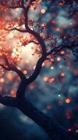 Curved bonsai silhouette under ember bokeh lightscape.