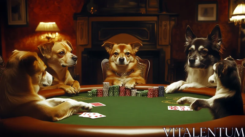 Photorealistic canine poker tableau in warm interior lighting.