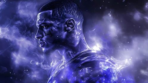 Electric violet warrior emerging through cosmic smoke.