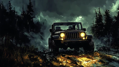 Off-road 4x4 jeep with headlights in stormy forest trail