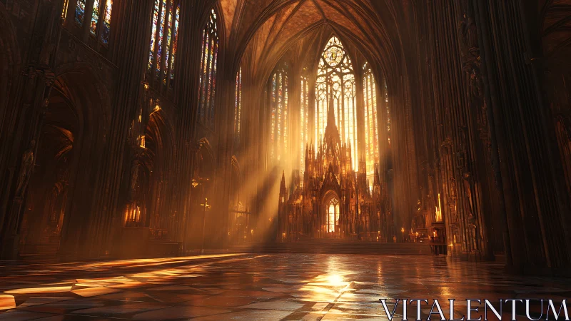Sunlit gothic cathedral interior glows with sacred warmth.