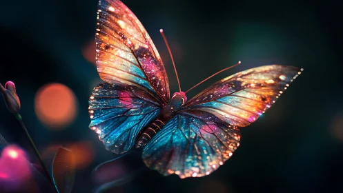 Iridescent butterfly with luminous wings at night.