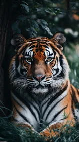 Calm tiger resting in lush forest shadows, quietly watching.