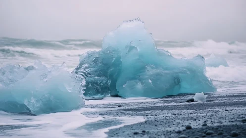 Blue glacial ice blocks rest on a dark volcanic shoreline