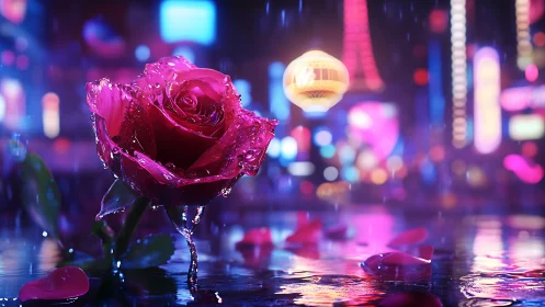 Neon rose glows in rain-soaked cyberpunk city street.