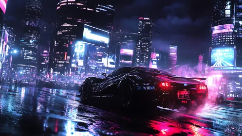 Neon storm racer prowls a rain-slicked cyber city nightscape.