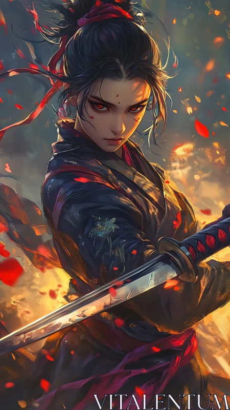 Dynamic samurai warrior rendered with high contrast lighting and bokeh