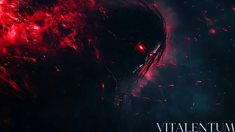 Demonic warrior emerges through burning crimson void.