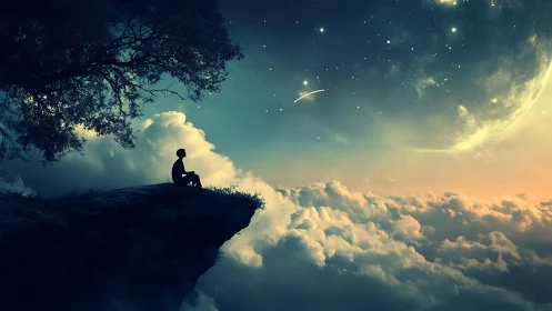 Silhouetted child on cliff above clouds under luminous planet