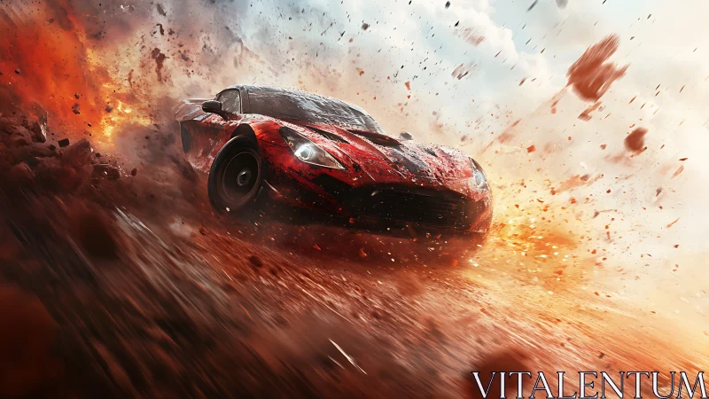 Red supercar drifts through explosive dust and flying debris