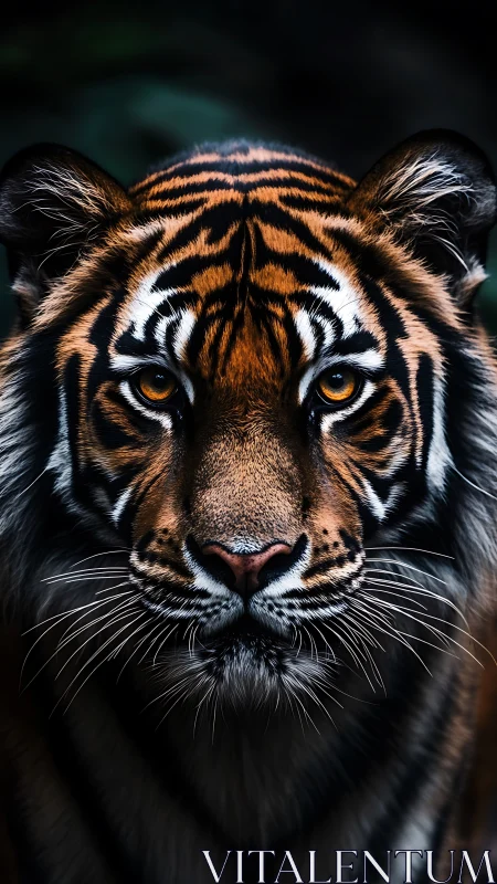 Symmetrical tiger portrait under low-key contrast lighting reveals precision