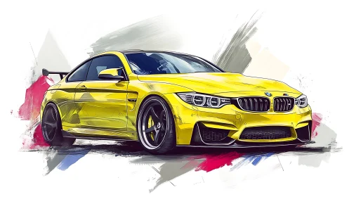 Yellow BMW coupe rendered with dynamic painterly strokes.