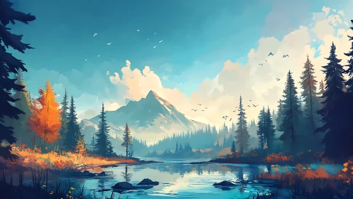 Autumn lake beneath misty mountains in painterly light.