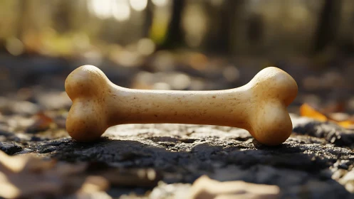Close-up synthetic dog bone toy on sunlit forest pathway