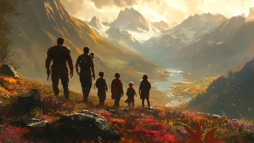 Pilgrims of dawn gaze across a spelllit mountain valley.