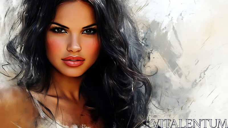 Digital portrait of woman with dark hair on pale ground.