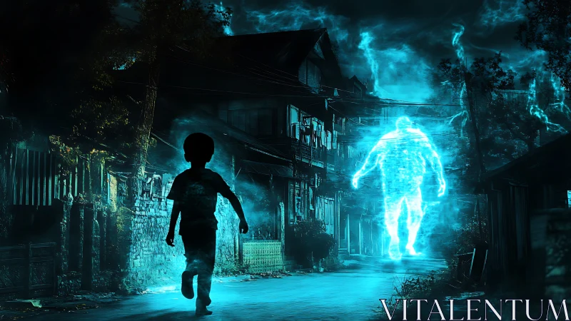 Mysterious glowing figure gently meets a curious child at night