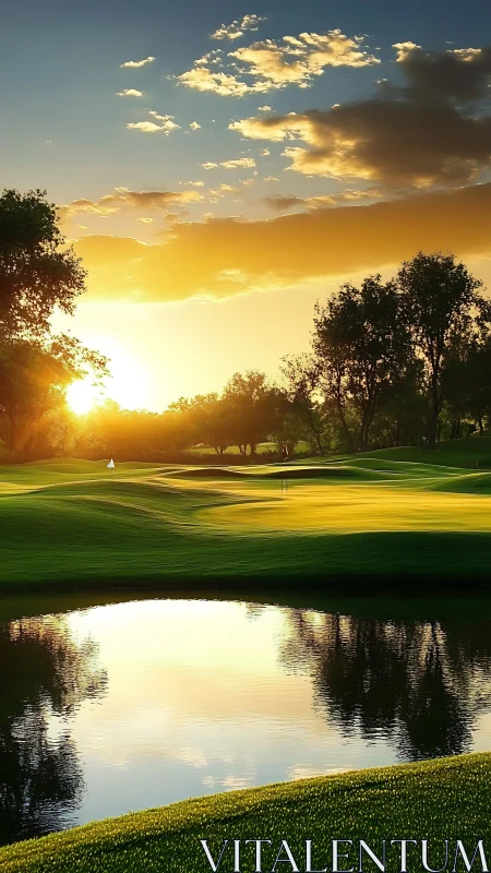 Sunlit golf course green with water hazard at sunset.
