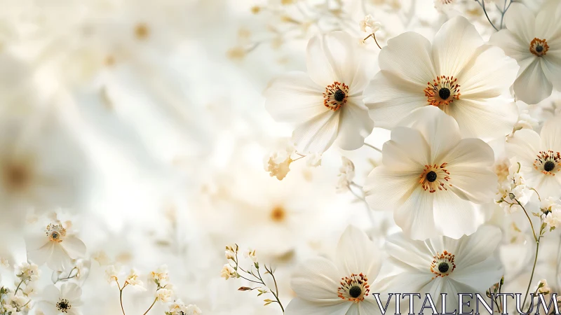 White cosmos flowers with golden centers against blurred background.