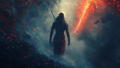Lone warrior walks through glowing embers and misty night.