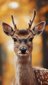 Young deer gazes calmly against soft golden bokeh backdrop.