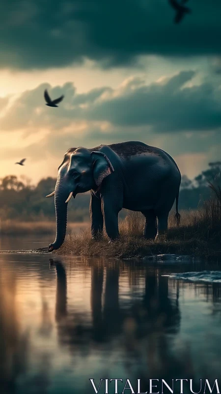 Elephant stands at water edge under cloudy dusk sky