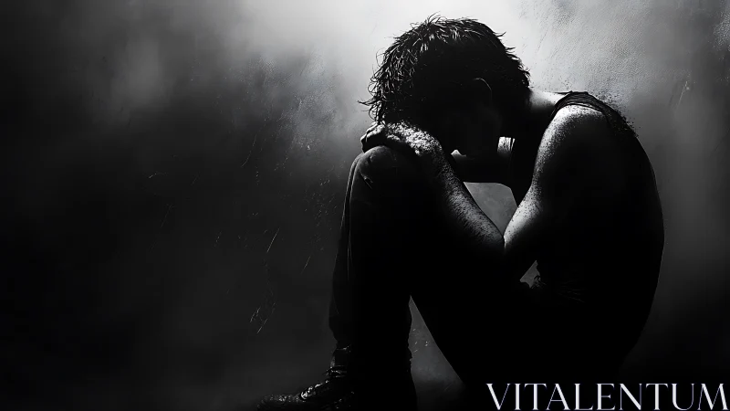 Solitary seated figure in dark monochrome interior space.