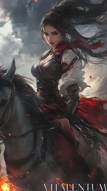 Female warrior on horseback in dynamic stormy battlefield.