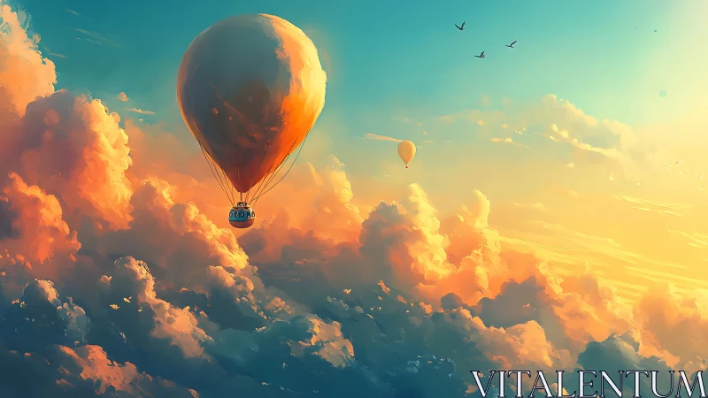 Sunlit balloon odyssey drifting through painted dawn clouds.