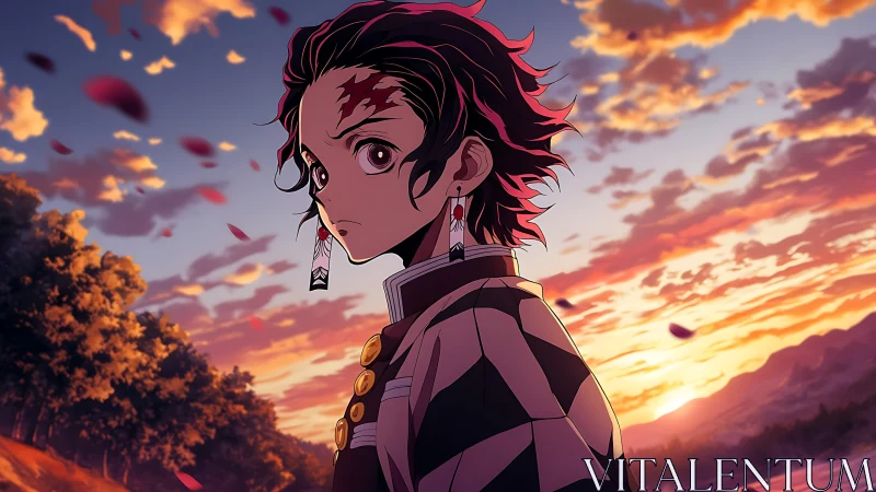 Sword-wielding anime hero under blazing ember sunset sky.
