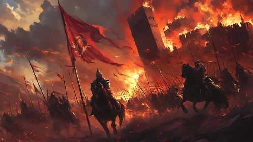 Armored cavalry before burning fortress under red sky.