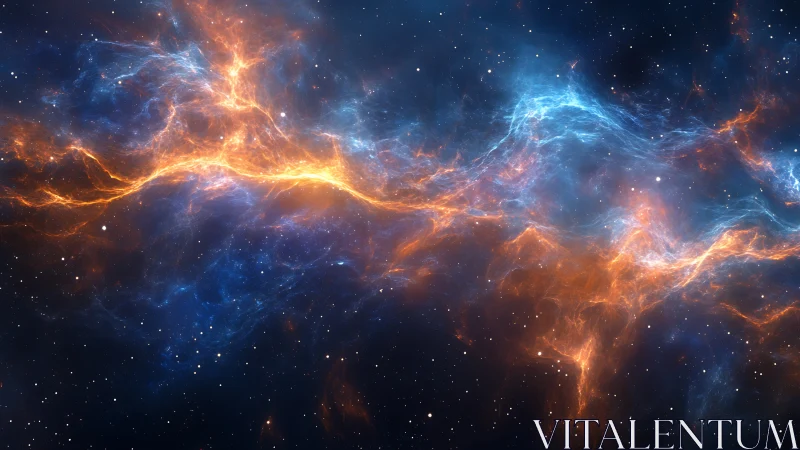 Stellar nebula filaments with orange blue plasma currents.