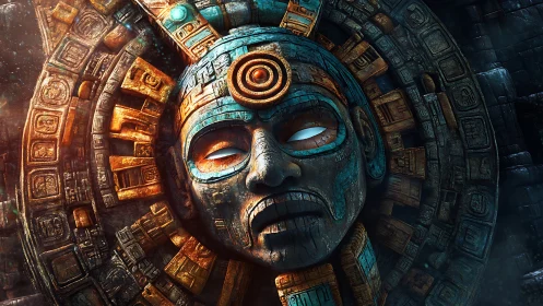 Ancient stone guardian glowing with warm turquoise light.