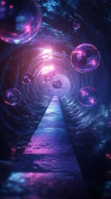 Neon tunnel corridor with luminous floating spheres, surreal.