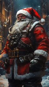Armored warrior Santa Claus stands in snowy gothic street